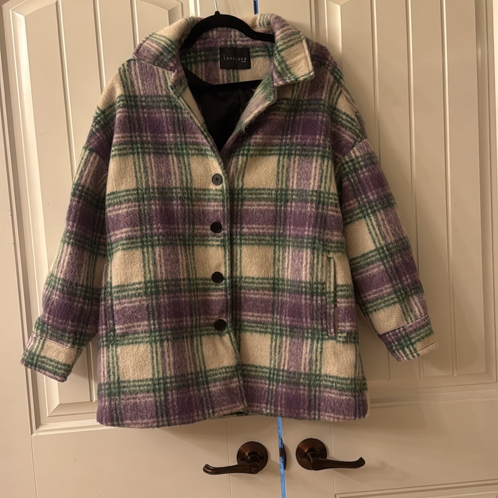 Love Tree Women's Plaid Teddy Jacket in Purple and Green